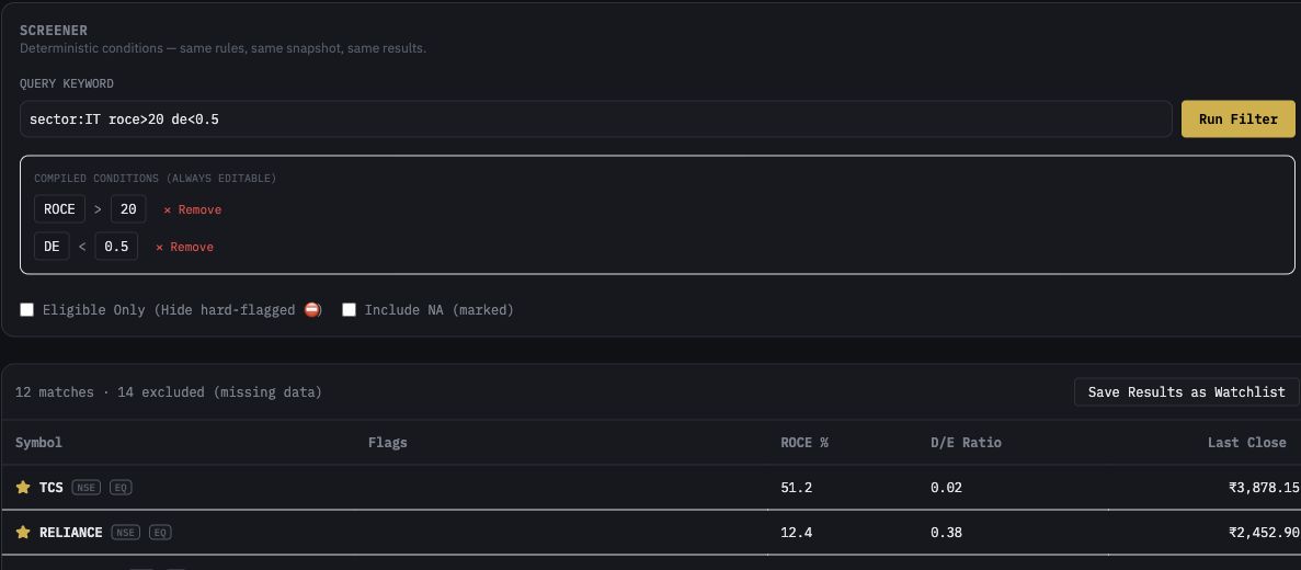 FinMoqa screener prototype showing editable criteria and stock results